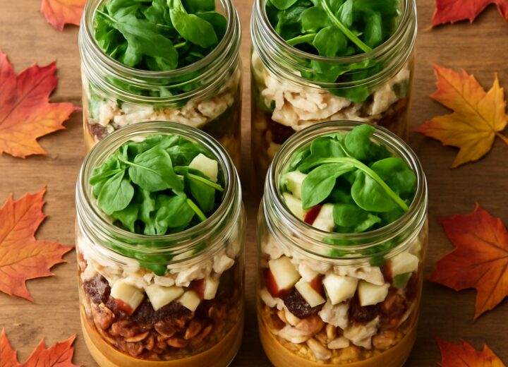 Four mason jar salads with shredded chicken, diced apples, pecans, cranberries, and greens layered for meal prep on a wooden table.