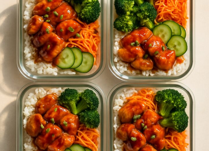 Meal prep hot honey chicken rice bowls with glazed chicken, rice, broccoli, carrots, and green onions in white containers