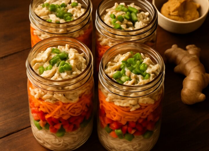 Four mason jars filled with layered miso ginger chicken noodle jars meal prep, with cooked chicken, rice noodles, carrots, bell pepper, and green onions, ready to be stored.