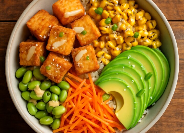 Miso Corn and Crispy Tofu Rice Bowl with avocado, edamame, and sesame seeds