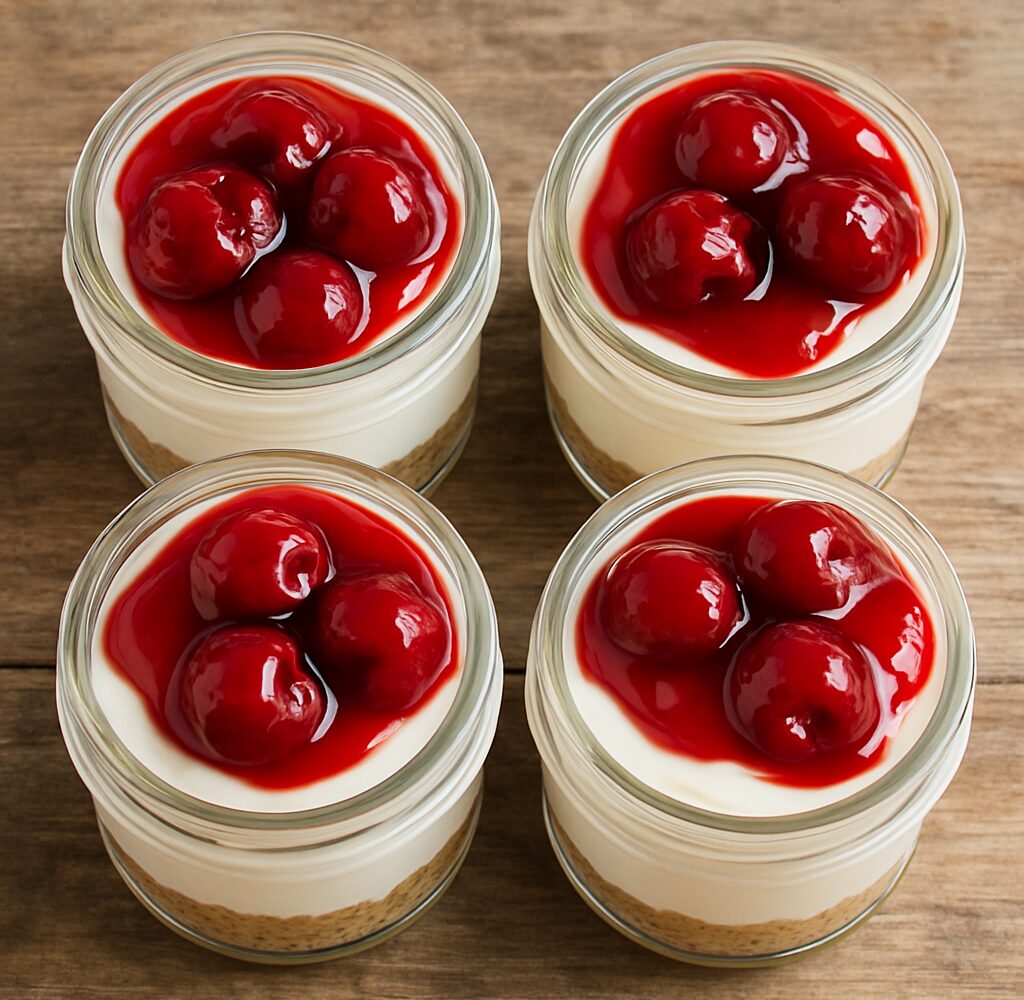 No-bake cherry cheesecake protein cups in small jars with creamy filling and cherry topping