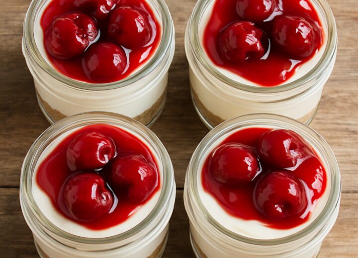 No-bake cherry cheesecake protein cups in small jars with creamy filling and cherry topping