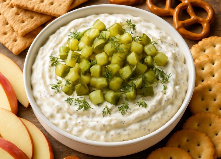 Creamy no bake pickle cheesecake dip served in a bowl with chopped pickles, fresh dill, crackers, and pretzels
