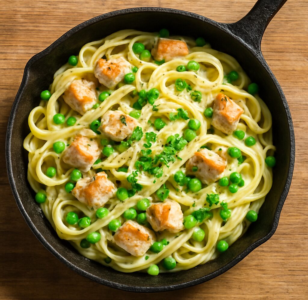 One-pan chicken and peas Alfredo in a skillet, creamy sauce coating fettuccine with chicken strips and green peas.