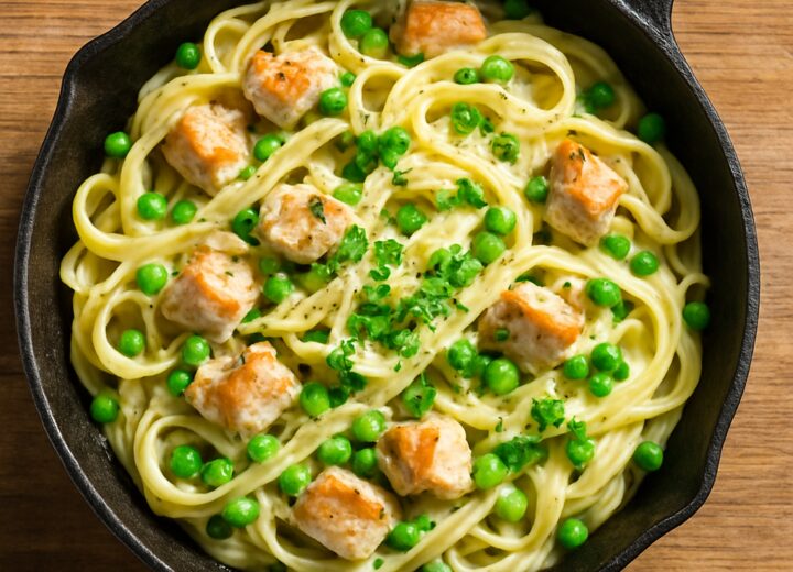 One-pan chicken and peas Alfredo in a skillet, creamy sauce coating fettuccine with chicken strips and green peas.