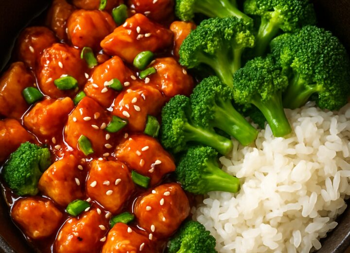 One-pan sticky orange chicken and broccoli in a skillet, garnished with sesame seeds and green onions