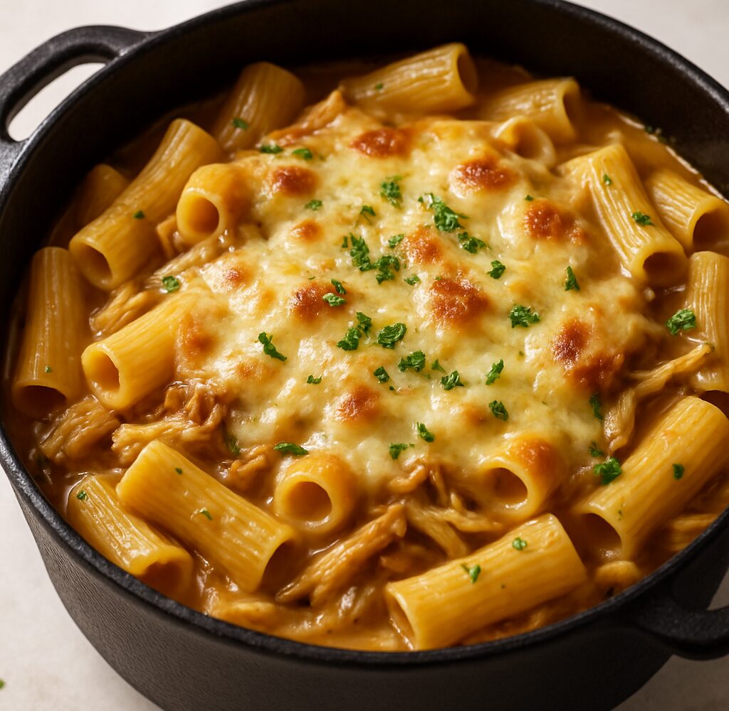 One-pot French onion chicken pasta in a Dutch oven, topped with melted Gruyère cheese and garnished with fresh parsley
