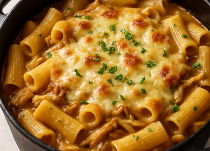 One-pot French onion chicken pasta in a Dutch oven, topped with melted Gruyère cheese and garnished with fresh parsley