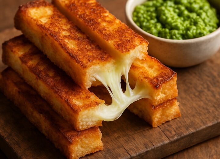 Pea Pesto Grilled Cheese Dippers cut into strips, served on a wooden board with a bowl of extra pea pesto for dipping.