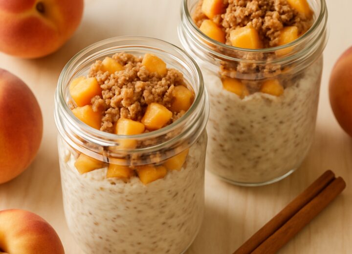 Two jars of peach cobbler overnight oats with a cinnamon oat topping and fresh peach slices on a wooden table, perfect for a healthy summer breakfast.