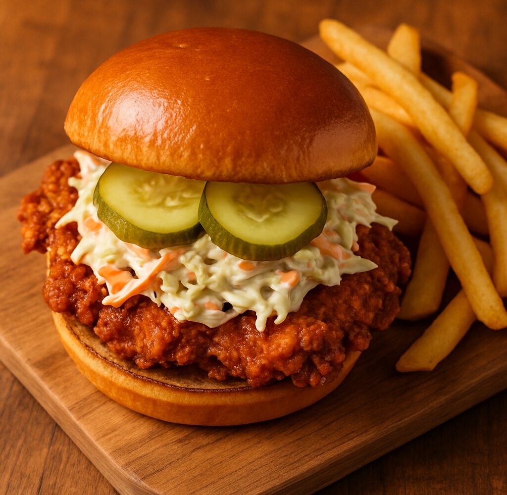 Pickle fried chicken slaw sandwich on a bun with creamy coleslaw and pickles, side view
