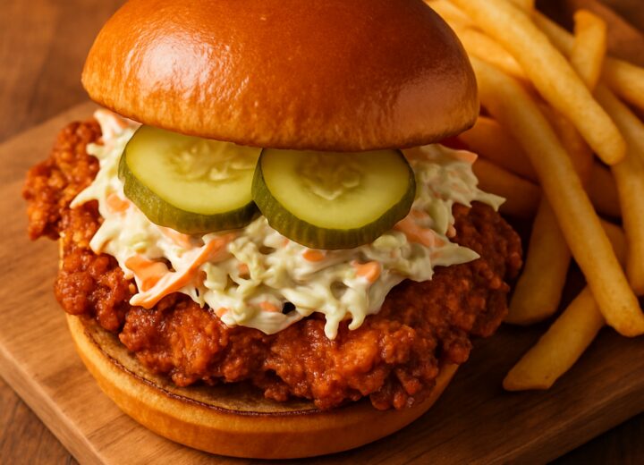 Pickle fried chicken slaw sandwich on a bun with creamy coleslaw and pickles, side view