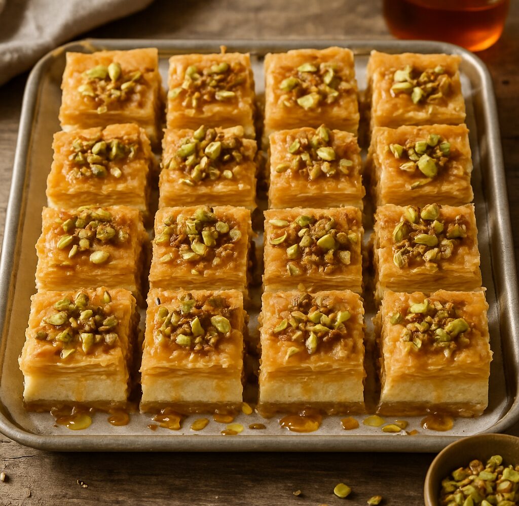Pistachio baklava cheesecake bars with golden phyllo topping and honey drizzle on a marble platter