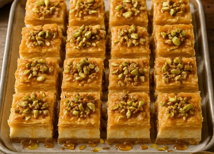 Pistachio baklava cheesecake bars with golden phyllo topping and honey drizzle on a marble platter