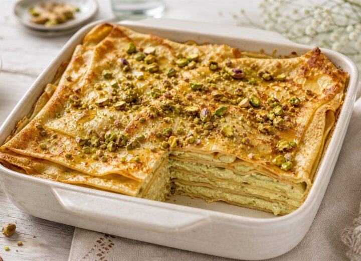 Pistachio cardamom protein crepe casserole baked in a dish with chopped pistachios and a golden top.