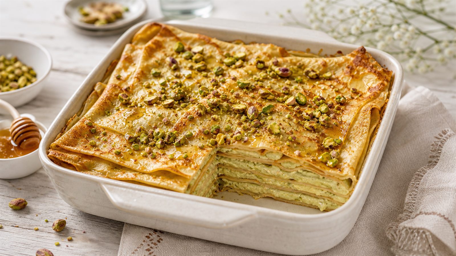 Pistachio cardamom protein crepe casserole baked in a dish with chopped pistachios and a golden top.