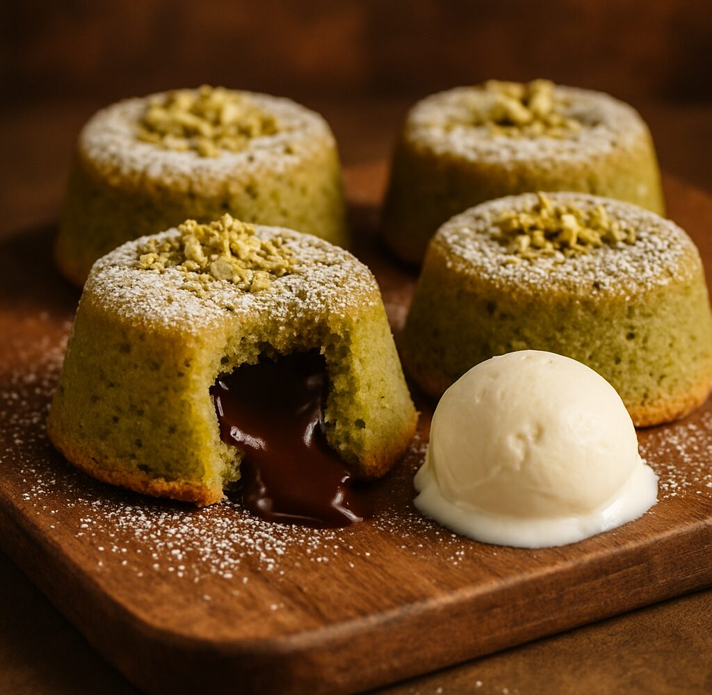 Pistachio hot chocolate lava cakes on a plate with powdered sugar and chopped pistachios, showing the molten center.