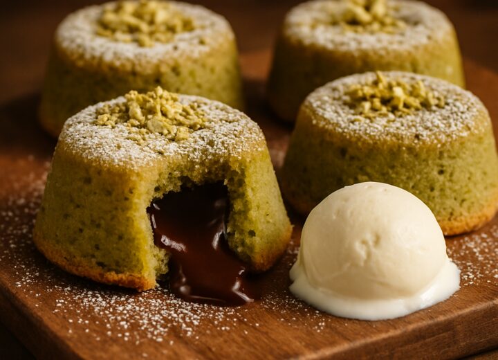 Pistachio hot chocolate lava cakes on a plate with powdered sugar and chopped pistachios, showing the molten center.