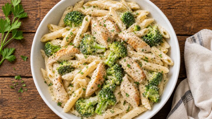 A bowl of creamy protein ranch pasta with tender chicken pieces and bright green broccoli florets, garnished with fresh parsley.