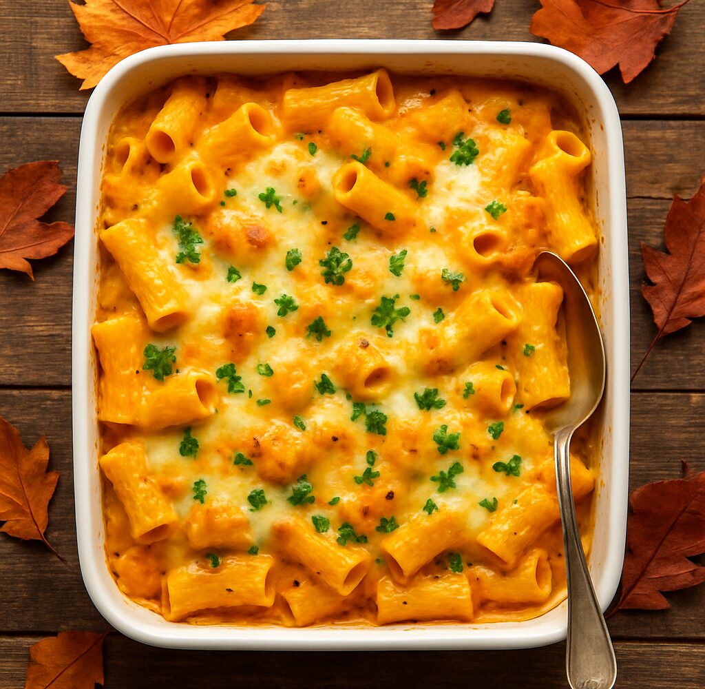 Golden brown pumpkin alfredo pasta bake in a baking dish with melted cheese and fresh parsley garnish