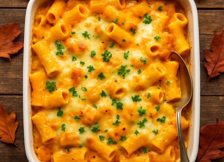 Golden brown pumpkin alfredo pasta bake in a baking dish with melted cheese and fresh parsley garnish
