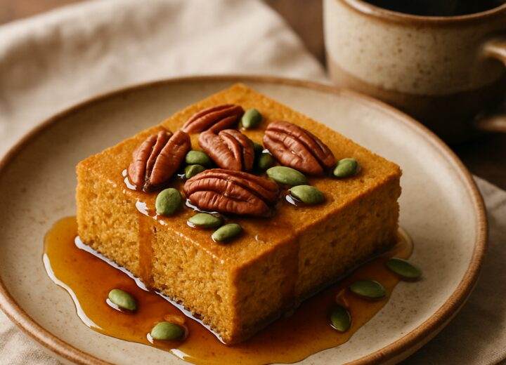 A slice of pumpkin spice protein pancake bake on a plate, drizzled with maple syrup and topped with pecans, next to a cup of coffee.