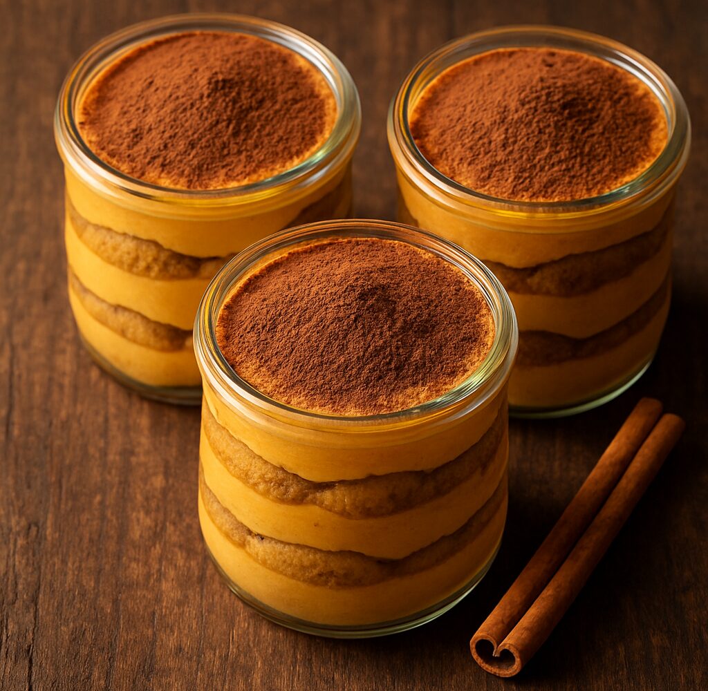 Three individual pumpkin tiramisu cups in clear glass jars, layered with ladyfingers and pumpkin cream, dusted with cocoa powder.