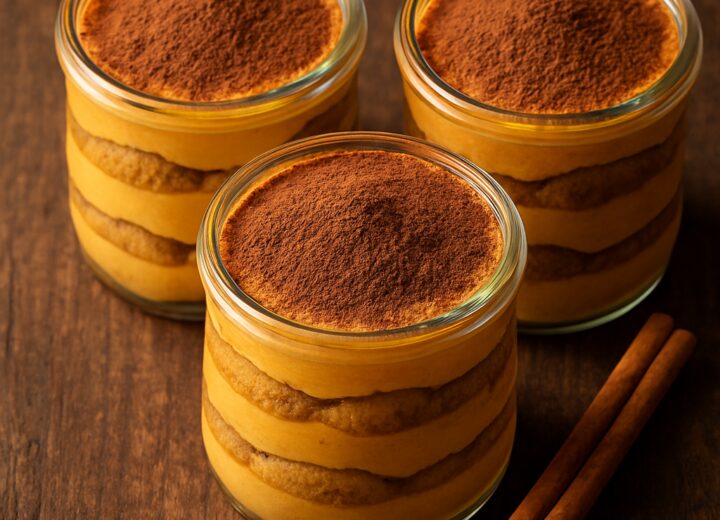 Three individual pumpkin tiramisu cups in clear glass jars, layered with ladyfingers and pumpkin cream, dusted with cocoa powder.