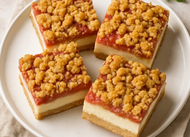 A tray of rhubarb cheesecake crumble bars sliced into squares showing the shortbread crust, creamy cheesecake layer, and rhubarb crumble topping.