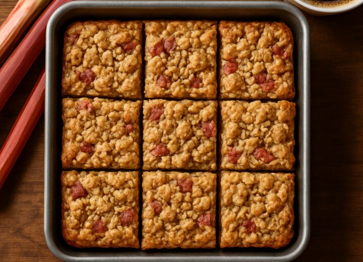 A square pan of rhubarb streusel yogurt breakfast bars with golden oat topping, sliced into squares.
