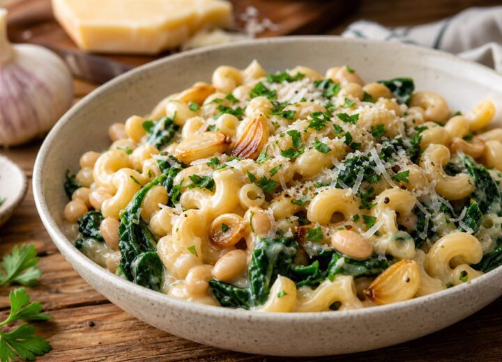 A bowl of roasted garlic white bean mac and greens topped with Parmesan and parsley.