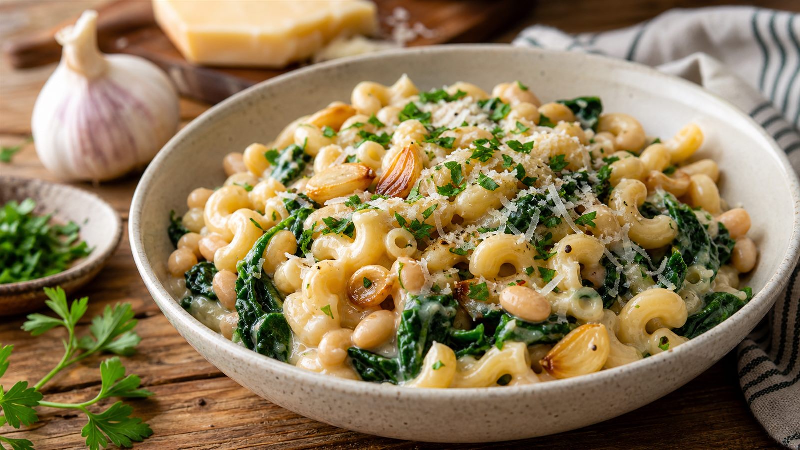 A bowl of roasted garlic white bean mac and greens topped with Parmesan and parsley.