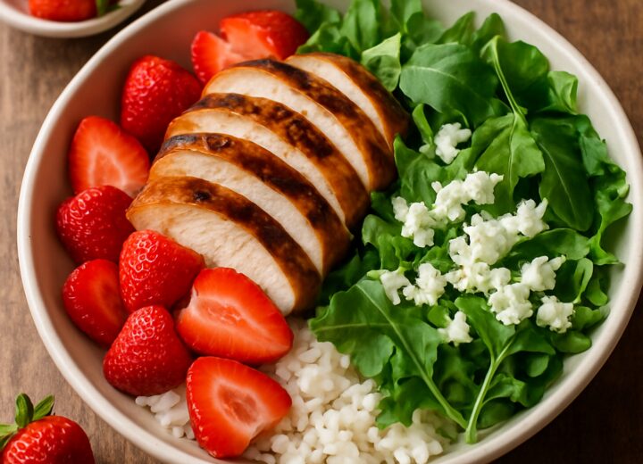 A vibrant strawberry balsamic chicken rice bowl with sliced chicken, fresh strawberries, spinach, feta, and almonds on a bed of rice.