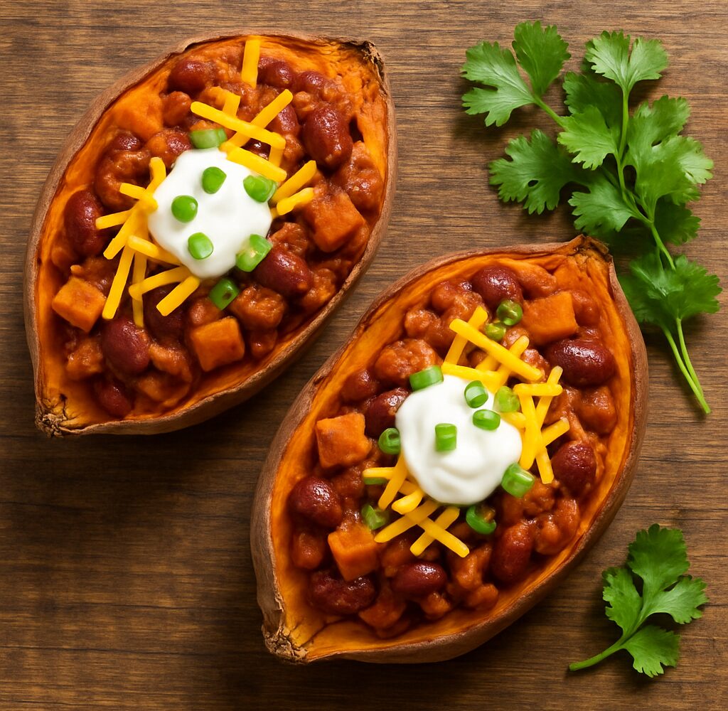 Turkey pumpkin chili stuffed sweet potatoes topped with cheddar cheese and green onions on a wooden board