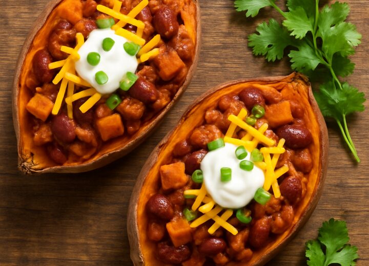 Turkey pumpkin chili stuffed sweet potatoes topped with cheddar cheese and green onions on a wooden board