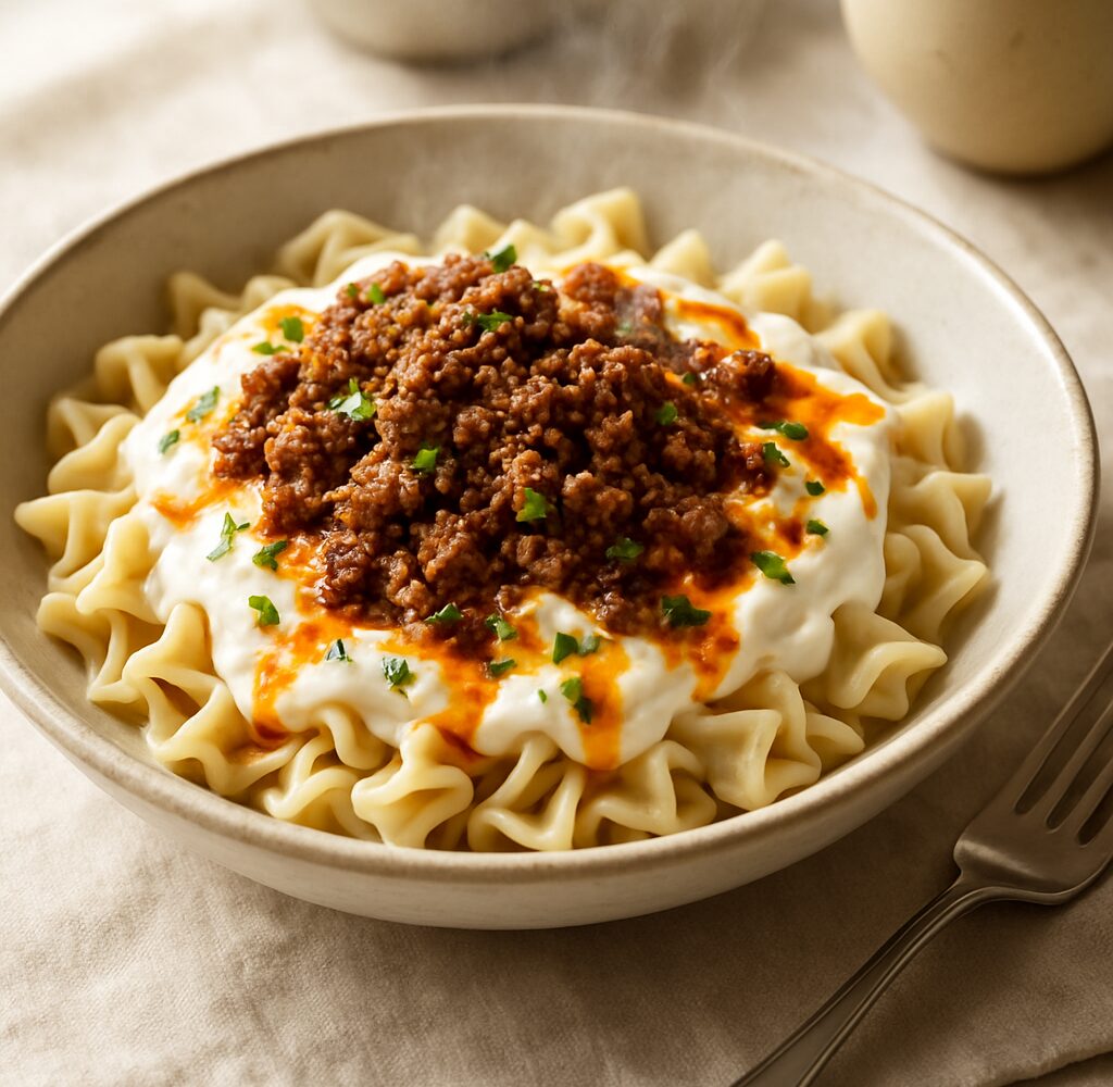 Turkish pasta with seasoned ground beef, creamy garlicky yogurt sauce, and paprika butter served in a bowl with parsley on top