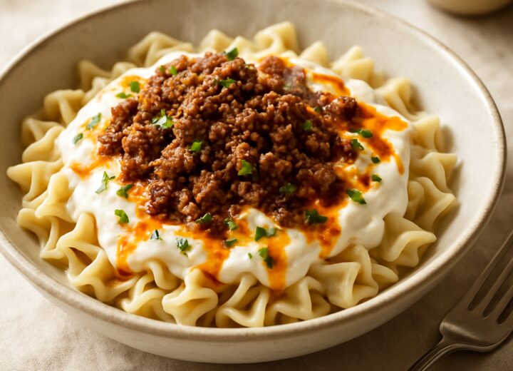 Turkish pasta with seasoned ground beef, creamy garlicky yogurt sauce, and paprika butter served in a bowl with parsley on top