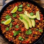 A close-up of a lentil taco skillet in a cast iron pan, topped with fresh avocado, cilantro, and lime.