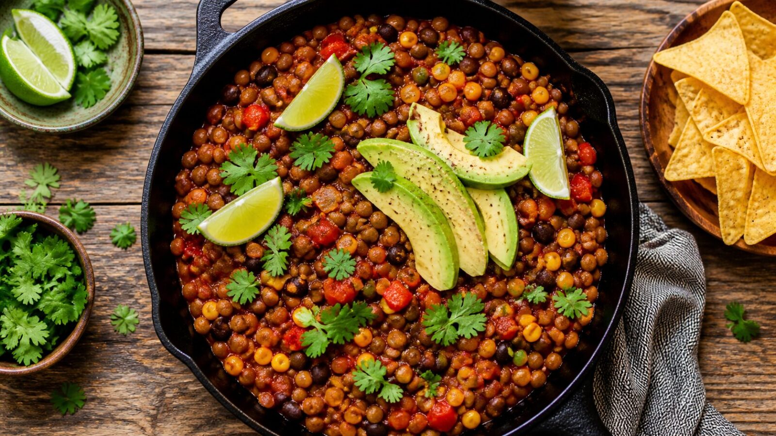 A close-up of a lentil taco skillet in a cast iron pan, topped with fresh avocado, cilantro, and lime.