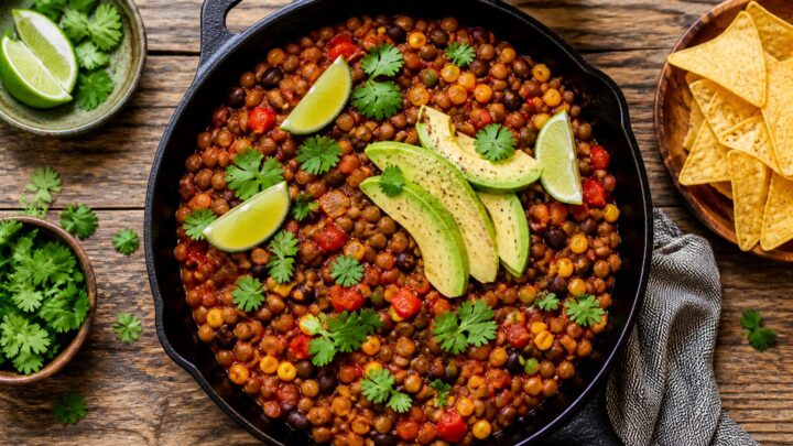 A close-up of a lentil taco skillet in a cast iron pan, topped with fresh avocado, cilantro, and lime.