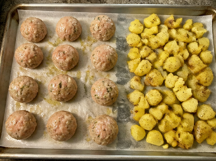 Sheet Pan Lemon Pepper Chicken Meatballs and Potatoes