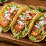 Air fryer buffalo halloumi ranch tacos on a wooden board with fresh cilantro and lime wedges