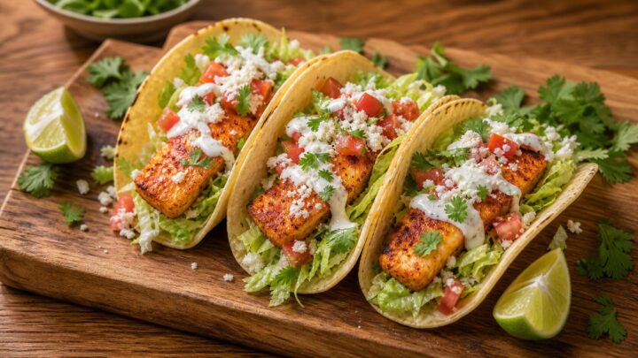 Air fryer buffalo halloumi ranch tacos on a wooden board with fresh cilantro and lime wedges