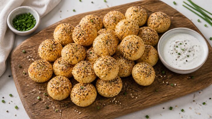 Crispy air fryer cottage cheese bagel bites with everything bagel seasoning on a wooden board, served with ranch dipping sauce.
