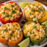 Air Fryer Elote Chicken Stuffed Peppers on a white plate, topped with melted cheese and cilantro, with lime wedges on the side.