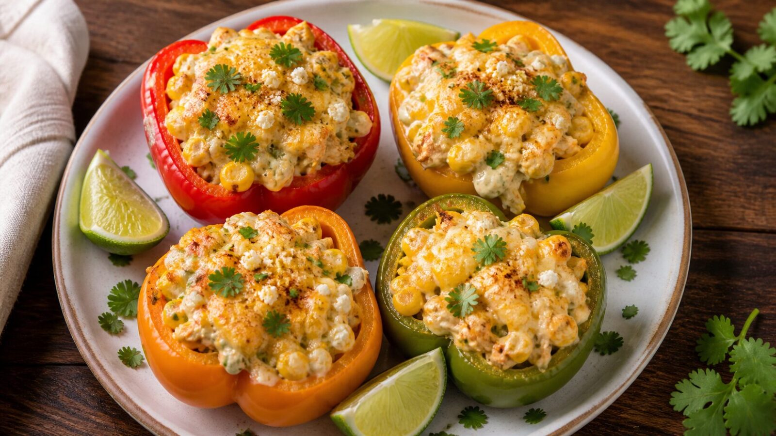 Air Fryer Elote Chicken Stuffed Peppers on a white plate, topped with melted cheese and cilantro, with lime wedges on the side.