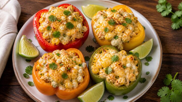 Air Fryer Elote Chicken Stuffed Peppers on a white plate, topped with melted cheese and cilantro, with lime wedges on the side.