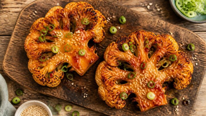 Crispy air fryer sriracha maple cauliflower steaks on a white plate, garnished with green onions and sesame seeds