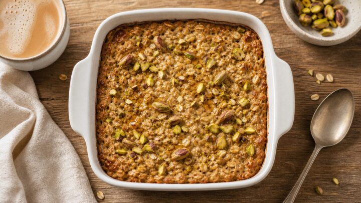 Brown butter pistachio oat latte baked oats in a white baking dish, topped with chopped pistachios and a golden brown crust.