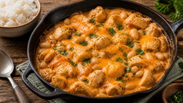 Buffalo Ranch Butter Bean Chicken Skillet in a cast iron pan, topped with melted cheddar and fresh parsley, served with rice on the side.